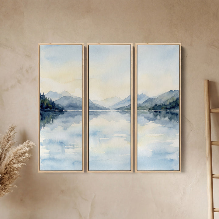 Misty Mountain Lake 3 Piece Wall Art Set for Hallway in Soft Blue Watercolor