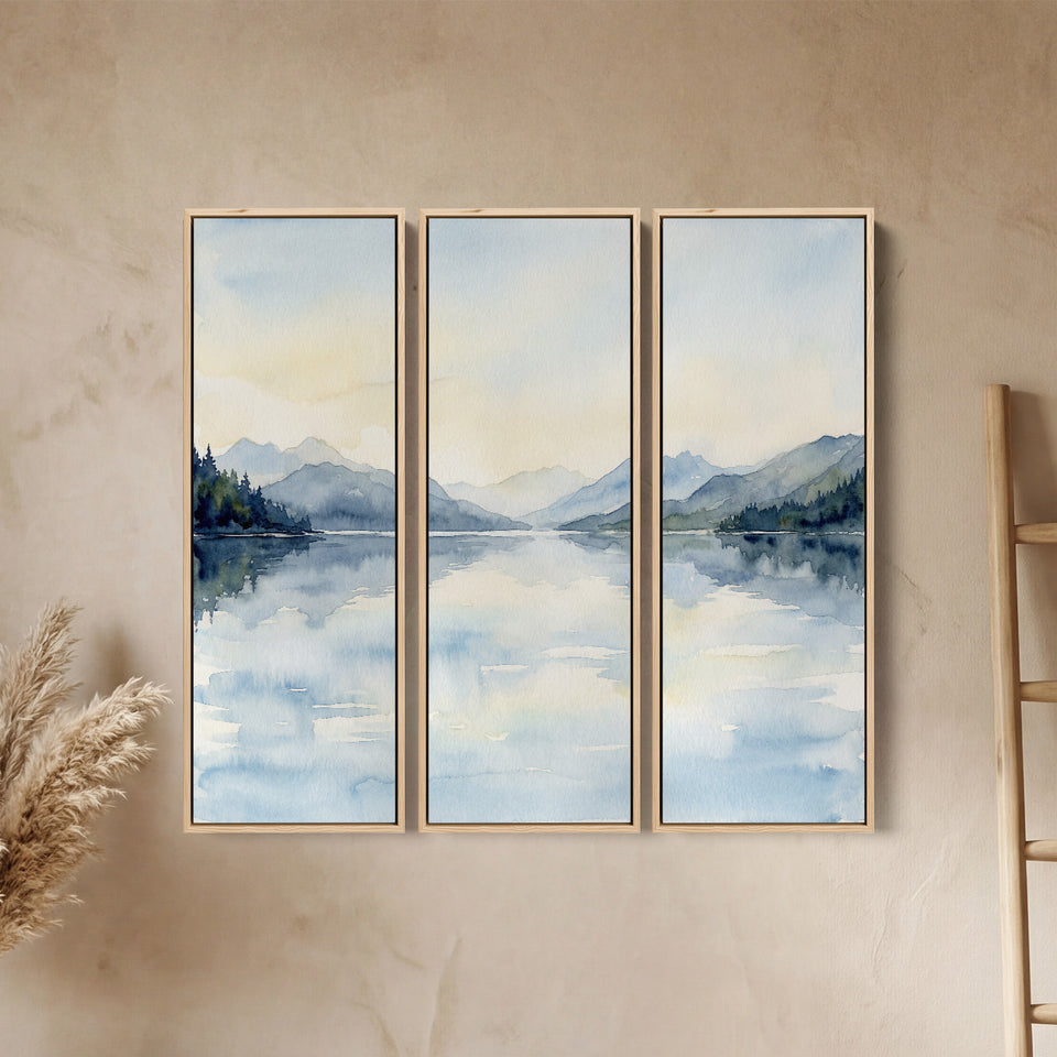 Misty Mountain Lake 3 Piece Wall Art Set for Hallway in Soft Blue Watercolor