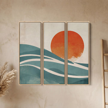 Abstract Sun Three Panel Wall Art for Dining Room With Orange And Blue Curves