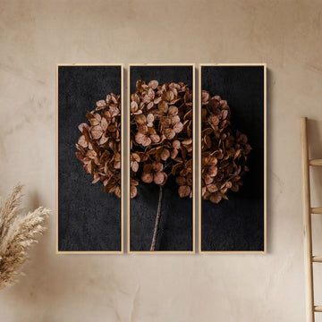 Dried Hydrangea Vertical Triptych Wall Art for Bedroom With Moody Floral Tones