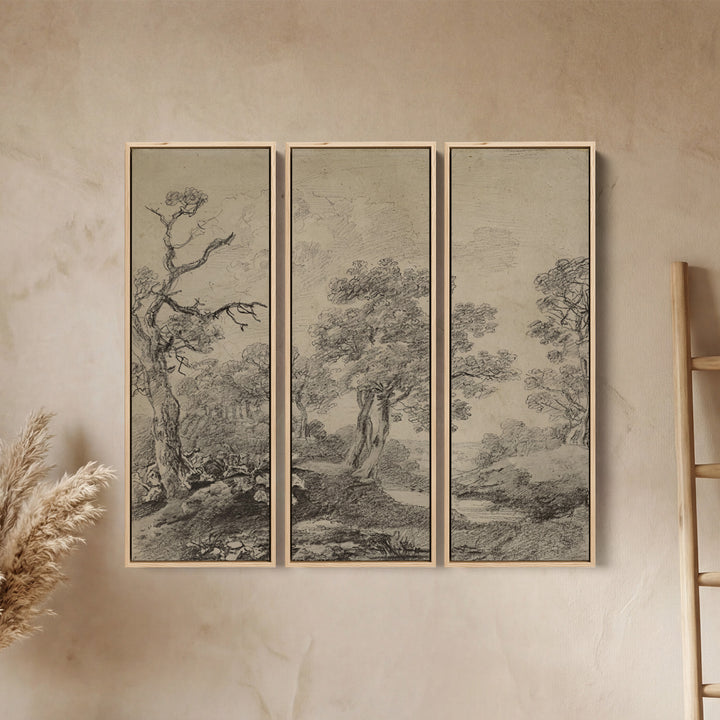 Vintage Countryside Large Triptych Wall Art for Office With Monochrome Trees