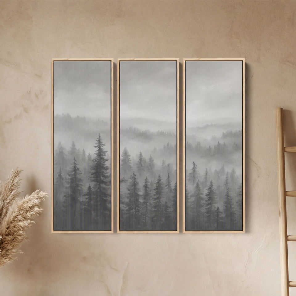 Triptych Wall Art Misty Pine Forest Landscape For Hallway Decor