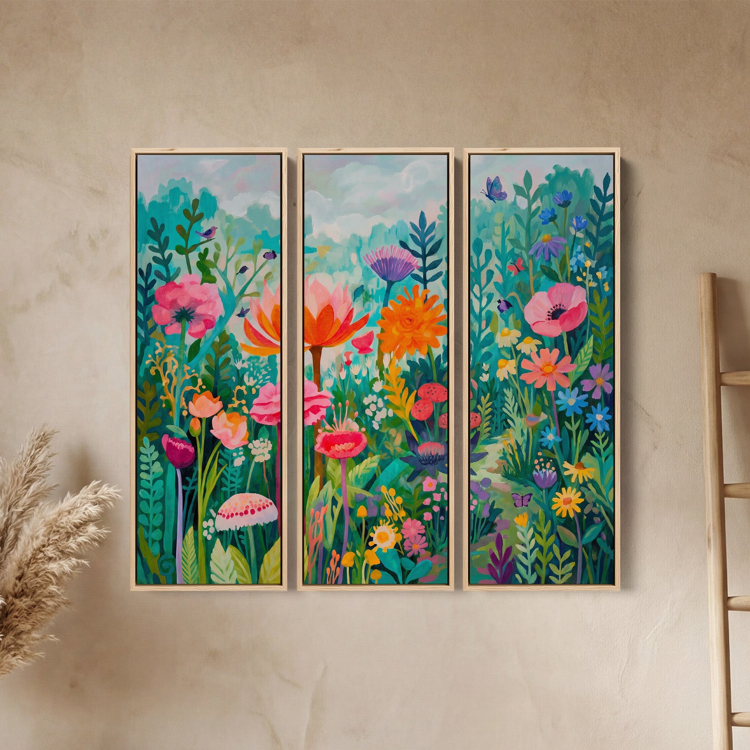 Colourful Floral Garden Oversized Triptych Wall Art For – Atelier
