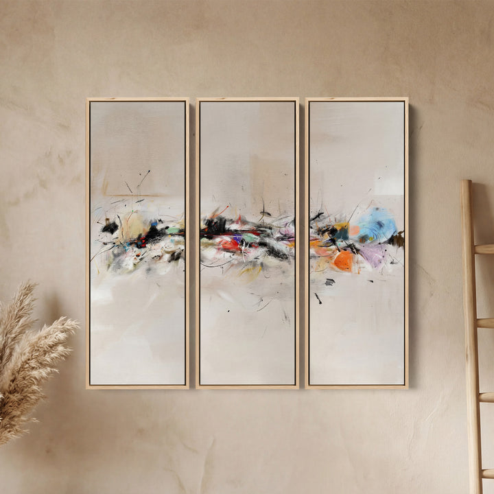 Three Panel Wall Art Abstract Brush Stroke Composition For Dining Room