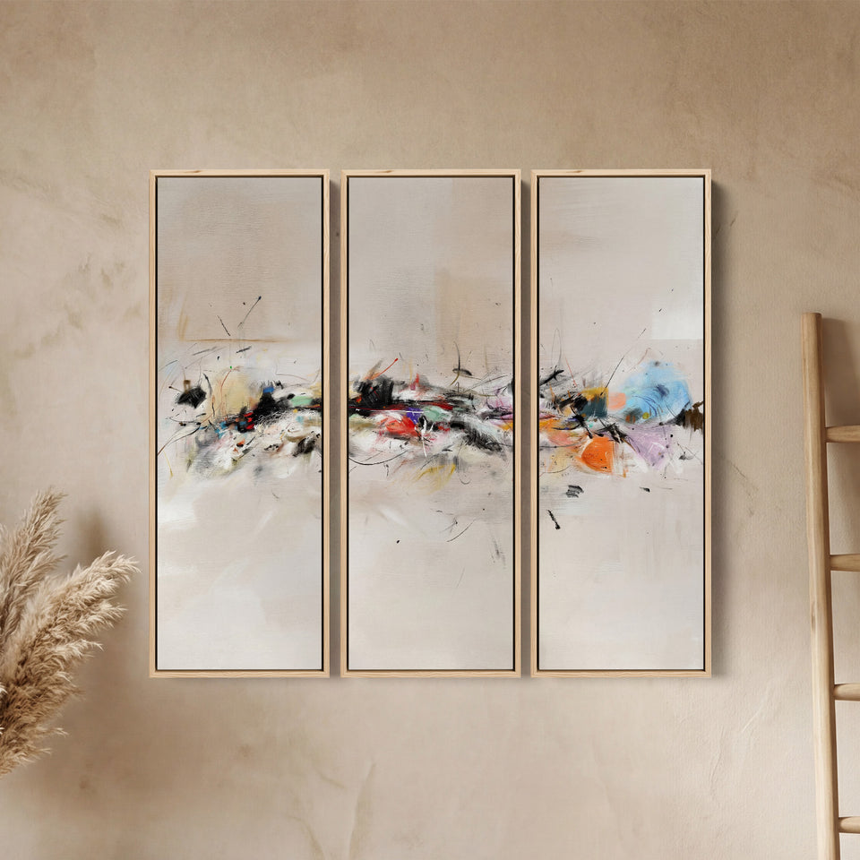 Three Panel Wall Art Abstract Brush Stroke Composition For Dining Room