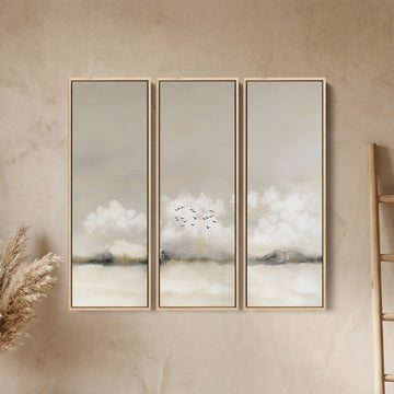 Misty Horizon Oversized Triptych Wall Art With Birds for Bedroom
