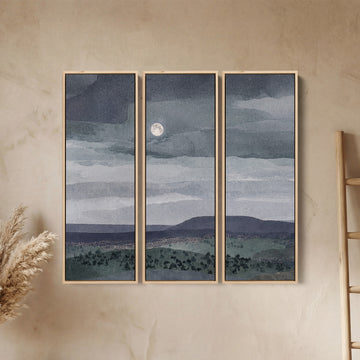 Oversized Triptych Wall Art Moonlit Landscape for Living Room