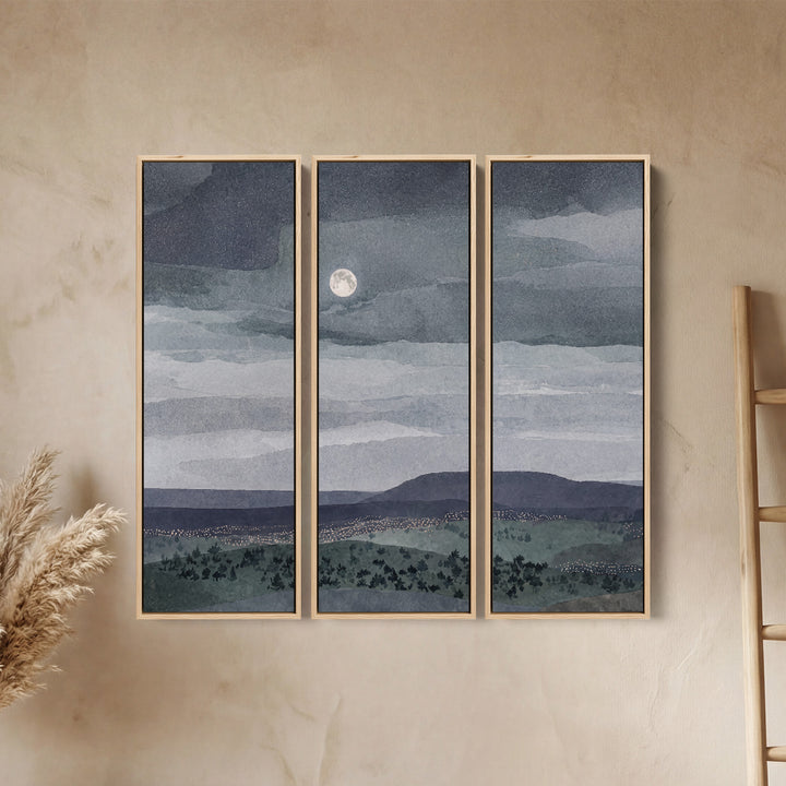 Oversized Triptych Wall Art Moonlit Landscape for Living Room