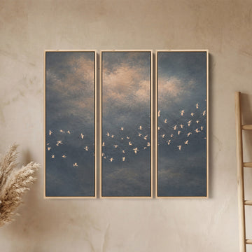 3 Piece Wall Art Set White Birds in Sky for Office