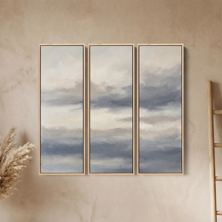 Grey Sky Oversized Triptych Wall Art For Bedroom With Soft Clouds