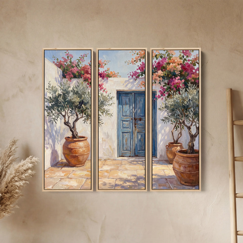 Set Of 3 Wall Art With Blue Doors And Olive Trees For Hallway