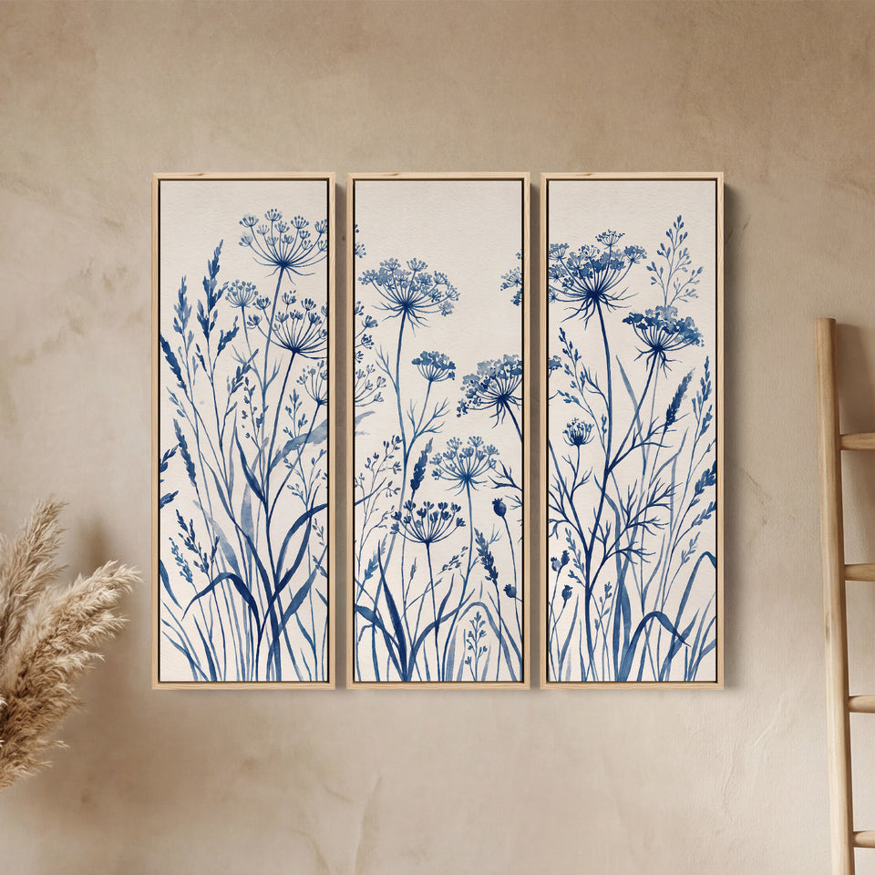 3 Piece Wall Art Set With Blue Wildflowers For Dining Room