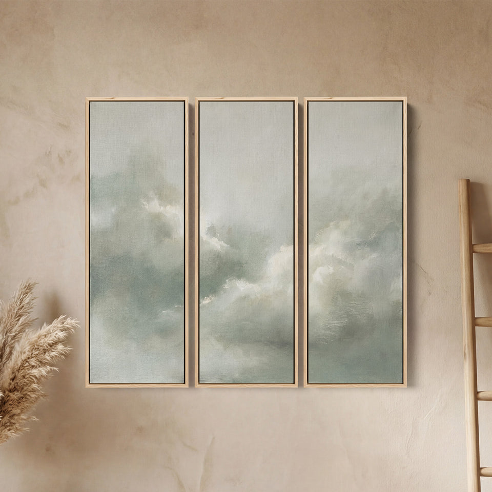 Soft Green Cloud Three Panel Wall Art For Office Calm
