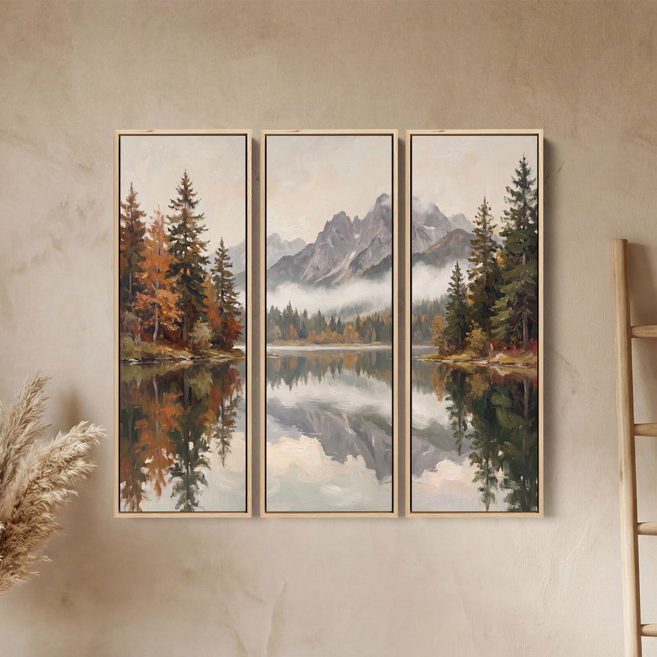 Set Of 3 Wall Art Autumn Lake Reflecting Grey Peaks For A Living Room