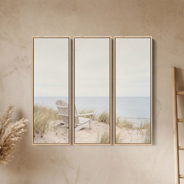 Empty Deck Chair Facing The Sea Triptych Wall Art Bedroom Coastal Scene
