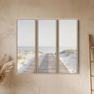 3-teiliges vertikales Wandbild für den Flur mit einem Steg, der zum Meer führt