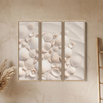 Bedroom Vertical Triptych Wall Art With Scallop Shells And Sand Dollars