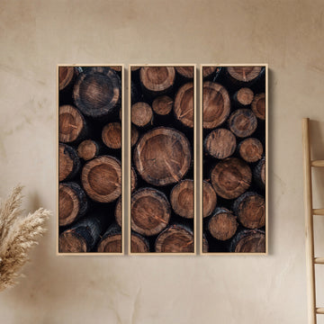Stacked Log Ends Triptych Wall Art In Brown And Black For A Living Room