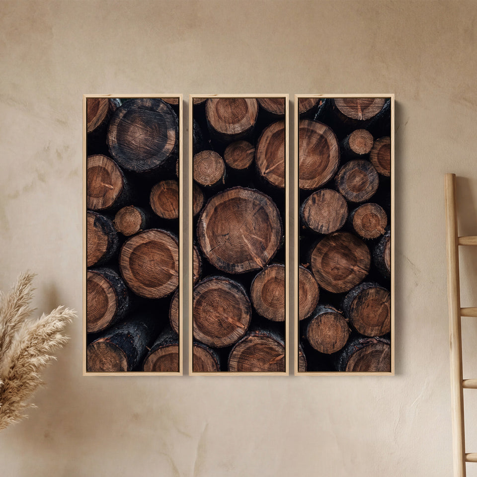 Stacked Log Ends Triptych Wall Art In Brown And Black For A Living Room