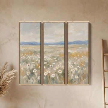 Set van 3 wanddecoraties met een madeliefjesveld onder verre blauwe heuvels voor de keuken