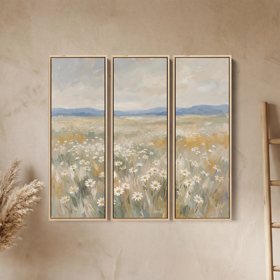 Set van 3 wanddecoraties met een madeliefjesveld onder verre blauwe heuvels voor de keuken