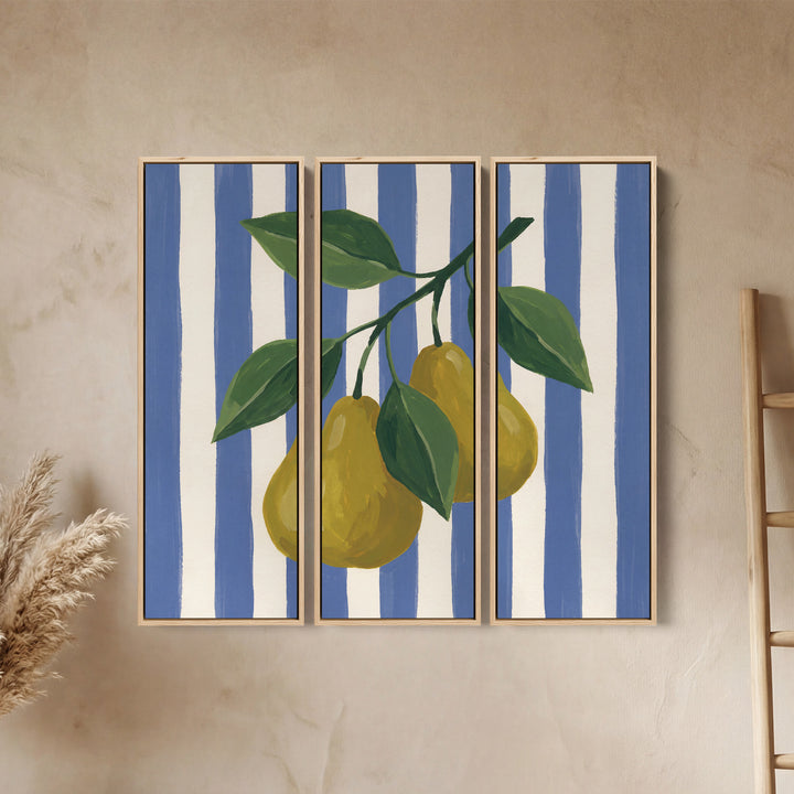Keukenwanddecoratie, set van 3, met gele peren op blauwe en witte strepen