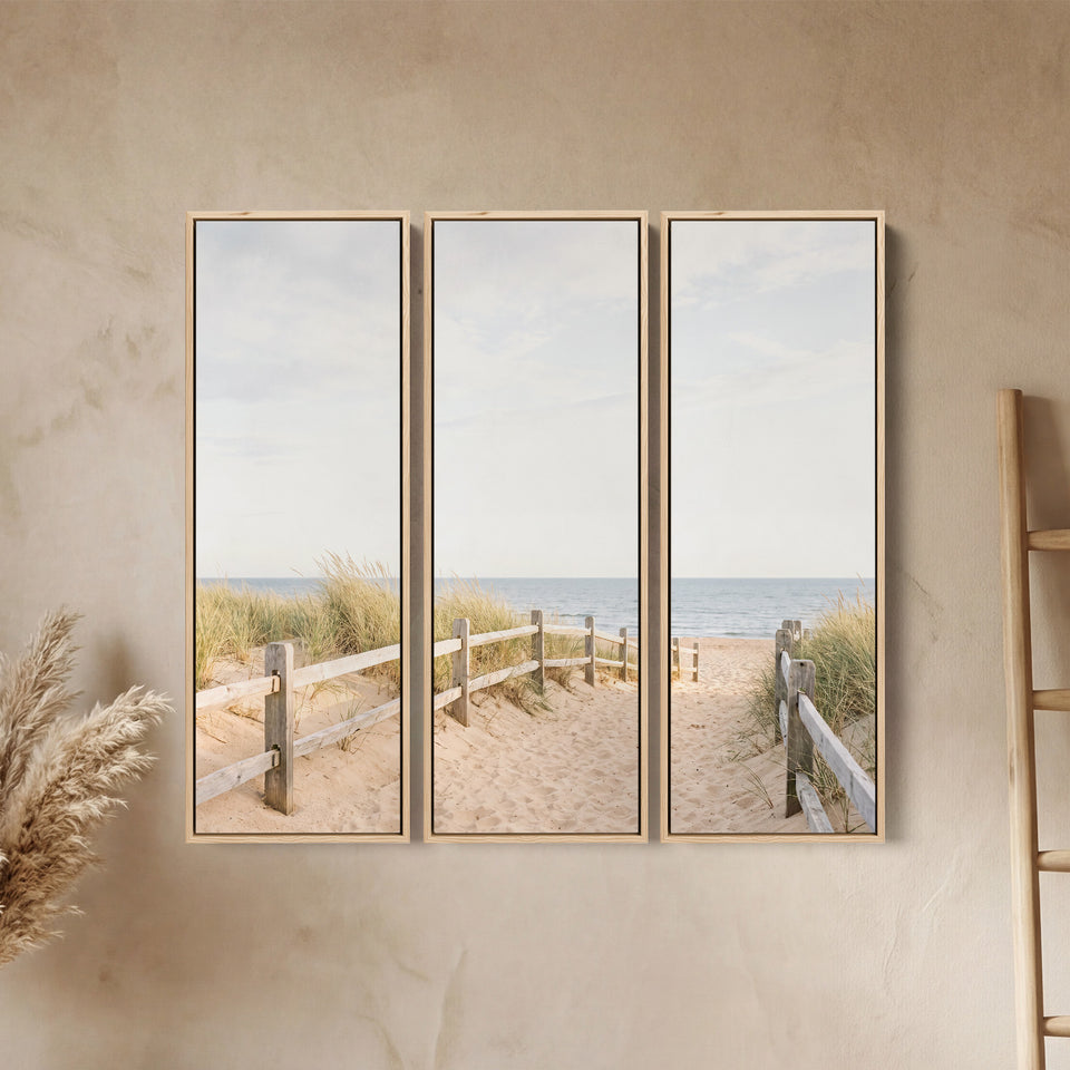 Set Of 3 Wall Art With A Fence Line Leading Down To The Sea For A Hallway