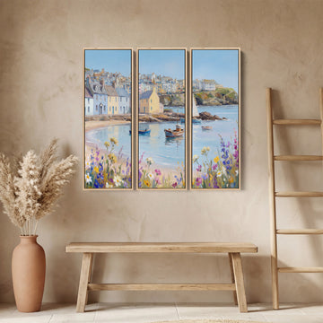Coastal Harbour Village Triptych Wall Art for Living Room With Pastel Boats