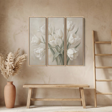 White Tulip Oversized Triptych Wall Art for Bedroom in Soft Neutral Tones