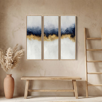 Blue And Gold Set of 3 Wall Art for Office With Abstract Horizontal Detail