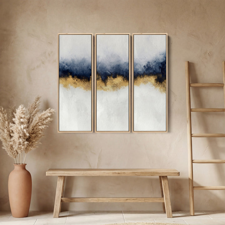 Blue And Gold Set of 3 Wall Art for Office With Abstract Horizontal Detail