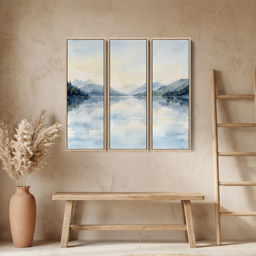 Misty Mountain Lake 3 Piece Wall Art Set for Hallway in Soft Blue Watercolor