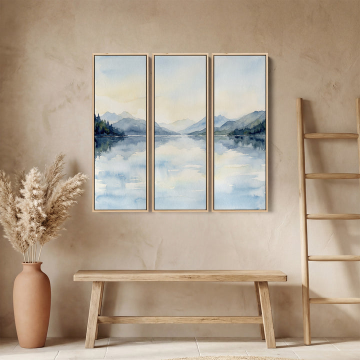 Misty Mountain Lake 3 Piece Wall Art Set for Hallway in Soft Blue Watercolor
