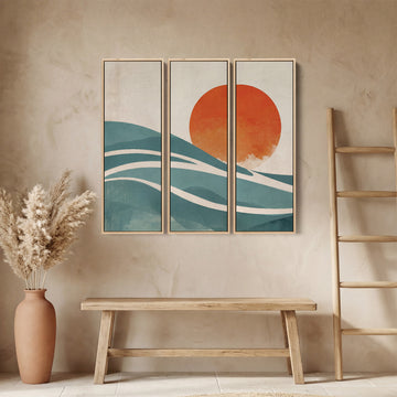 Abstract Sun Three Panel Wall Art for Dining Room With Orange And Blue Curves