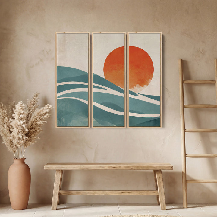 Abstract Sun Three Panel Wall Art for Dining Room With Orange And Blue Curves