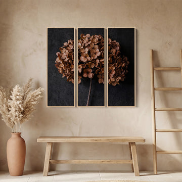 Dried Hydrangea Vertical Triptych Wall Art for Bedroom With Moody Floral Tones