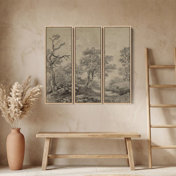 Vintage Countryside Large Triptych Wall Art for Office With Monochrome Trees