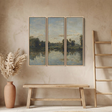 Vintage River Landscape Oversized Canvas Wall Art Set for Living Room