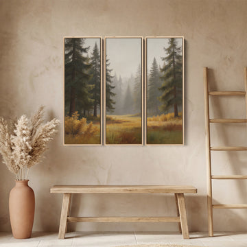 Misty Pine Forest Extra Large Wall Art Set for Bedroom With Woodland Scene