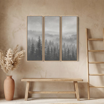 Triptych Wall Art Misty Pine Forest Landscape For Hallway Decor