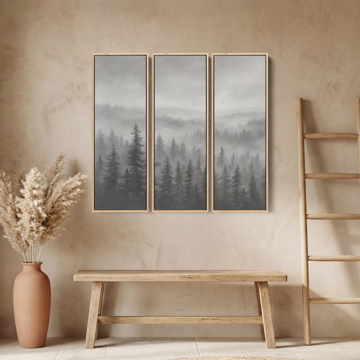 Triptych Wall Art Misty Pine Forest Landscape For Hallway Decor