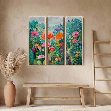 Colourful Floral Garden Oversized Triptych Wall Art For Living Room