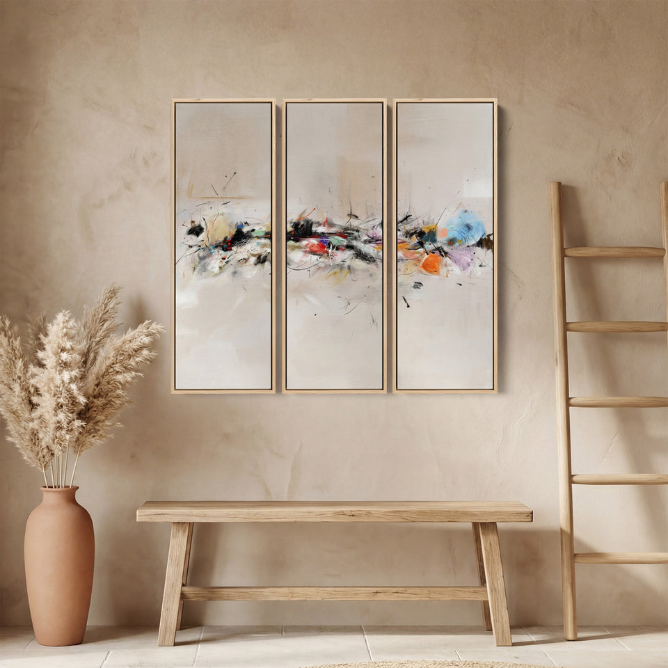 Three Panel Wall Art Abstract Brush Stroke Composition For Dining Room