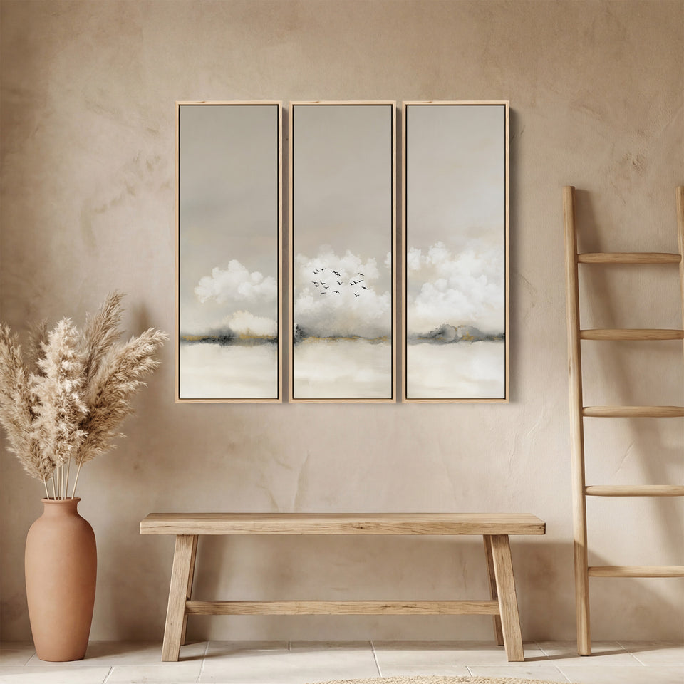 Misty Horizon Oversized Triptych Wall Art With Birds for Bedroom