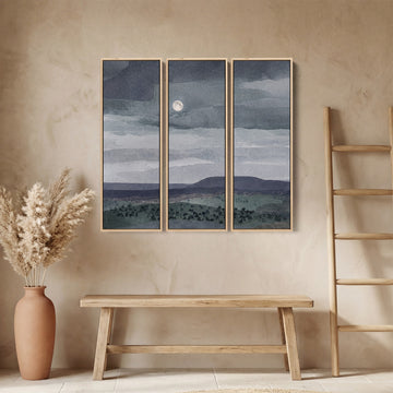 Oversized Triptych Wall Art Moonlit Landscape for Living Room