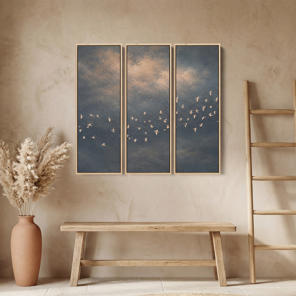 3 Piece Wall Art Set White Birds in Sky for Office