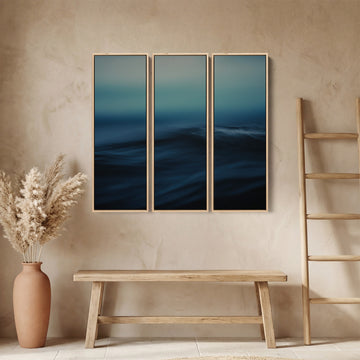 Triptych Wall Art With Blurred Ocean Wave For Bedroom Calm Blue Black Sea