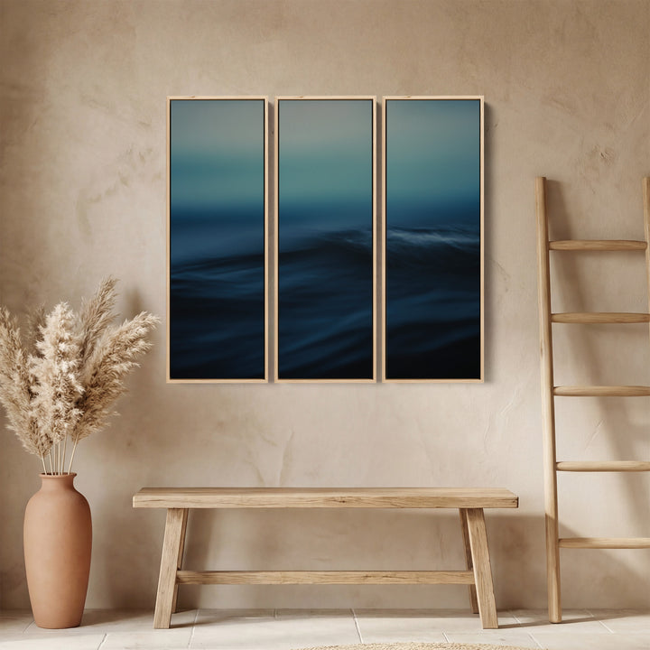Triptych Wall Art With Blurred Ocean Wave For Bedroom Calm Blue Black Sea