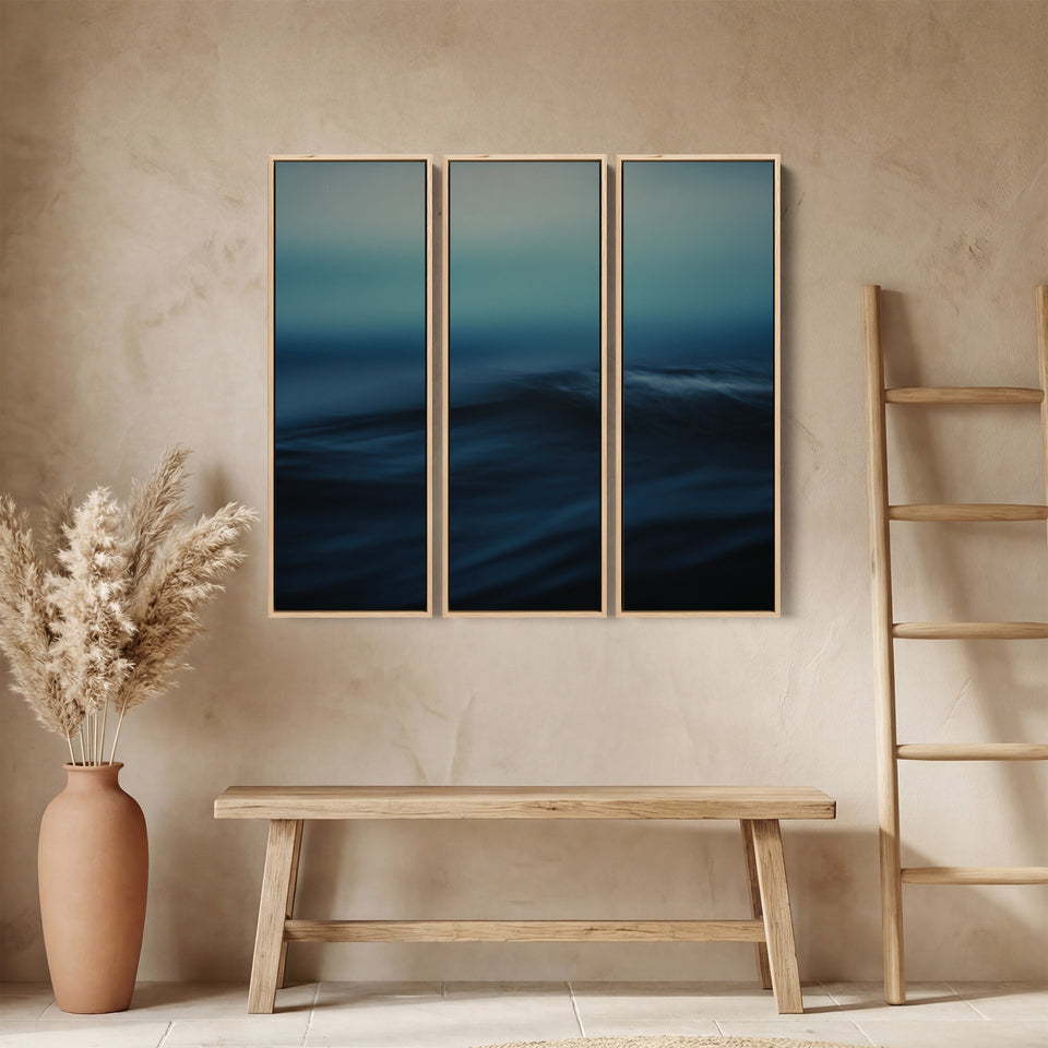 Triptych Wall Art With Blurred Ocean Wave For Bedroom Calm Blue Black Sea