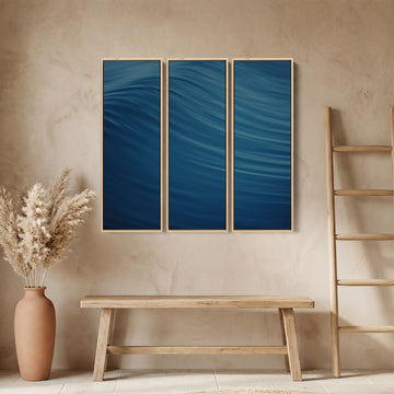 Flowing Blue Abstract Wave Oversized Triptych Wall Art For Hallway